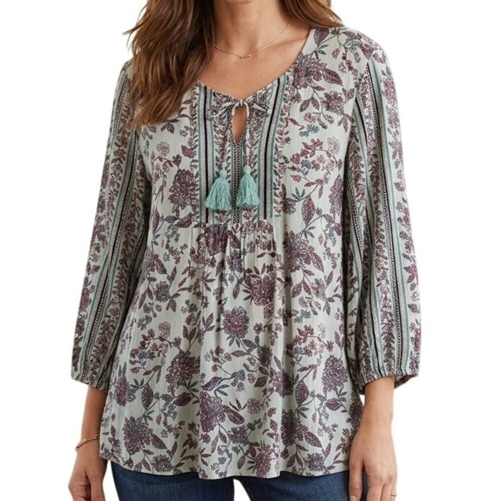 J. Jill Peasant Top Womens Medium Mint Floral Tasseled Crinkle Gauze Boho Blouse